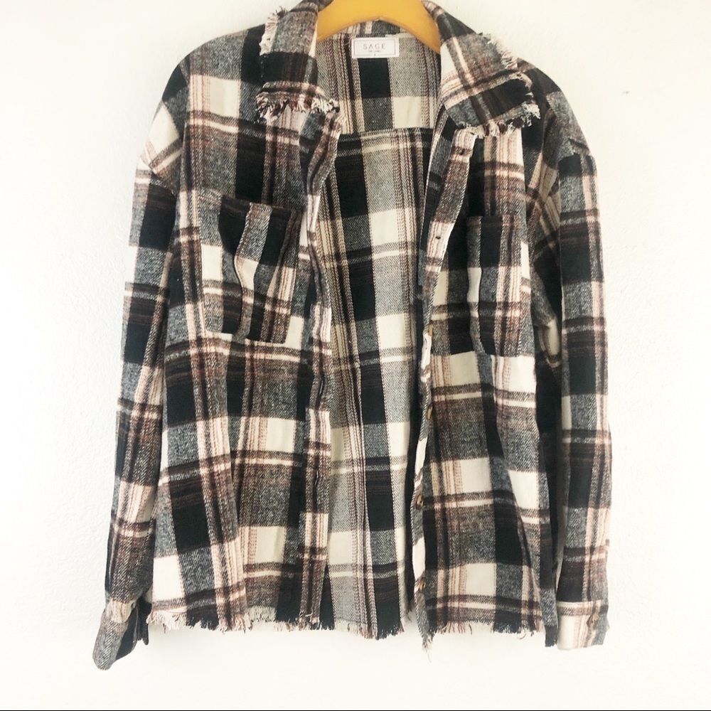 Sage plaid Flannel Brown distressed hem button down Sample Jacket size S